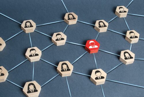 Hexagons with businessmen employees are connected with their leader by a business network